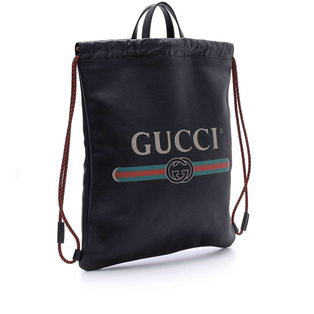 Gucci - Black Leather Print Drawstring Backpack